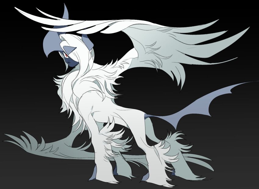 absol black_background full_body gen_3_pokemon looking_at_viewer looking_back nintendo no_humans pokemon pokemon_(creature) red_eyes rkrekrnl1 simple_background standing