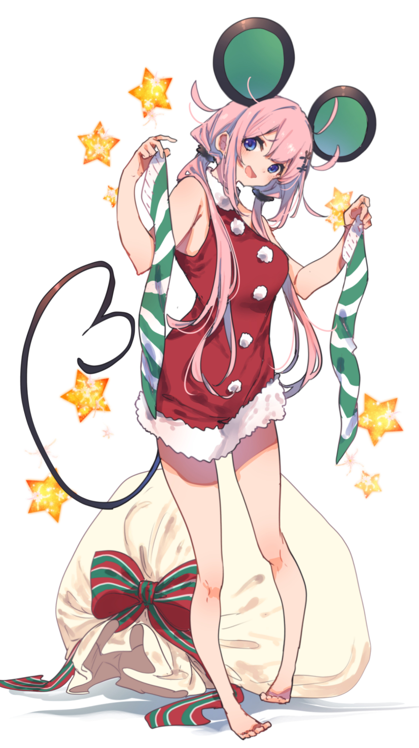 1girl :d absurdres animal_ears armpit_crease barefoot blue_eyes blush breasts commentary_request dress fake_animal_ears full_body fur-trimmed_dress fur_trim green_thighhighs hamayumiba_sou highres holding holding_legwear holding_unworn_clothes large_breasts long_hair looking_at_viewer low_twintails mouse_ears ochikobore_fruit_tart open_mouth pink_hair red_dress sack sakura_ino santa_costume santa_dress short_dress sidelocks simple_background sleeveless sleeveless_dress smile solo star_(symbol) star_symbol_background striped_clothes striped_thighhighs thighhighs toes twintails white_background