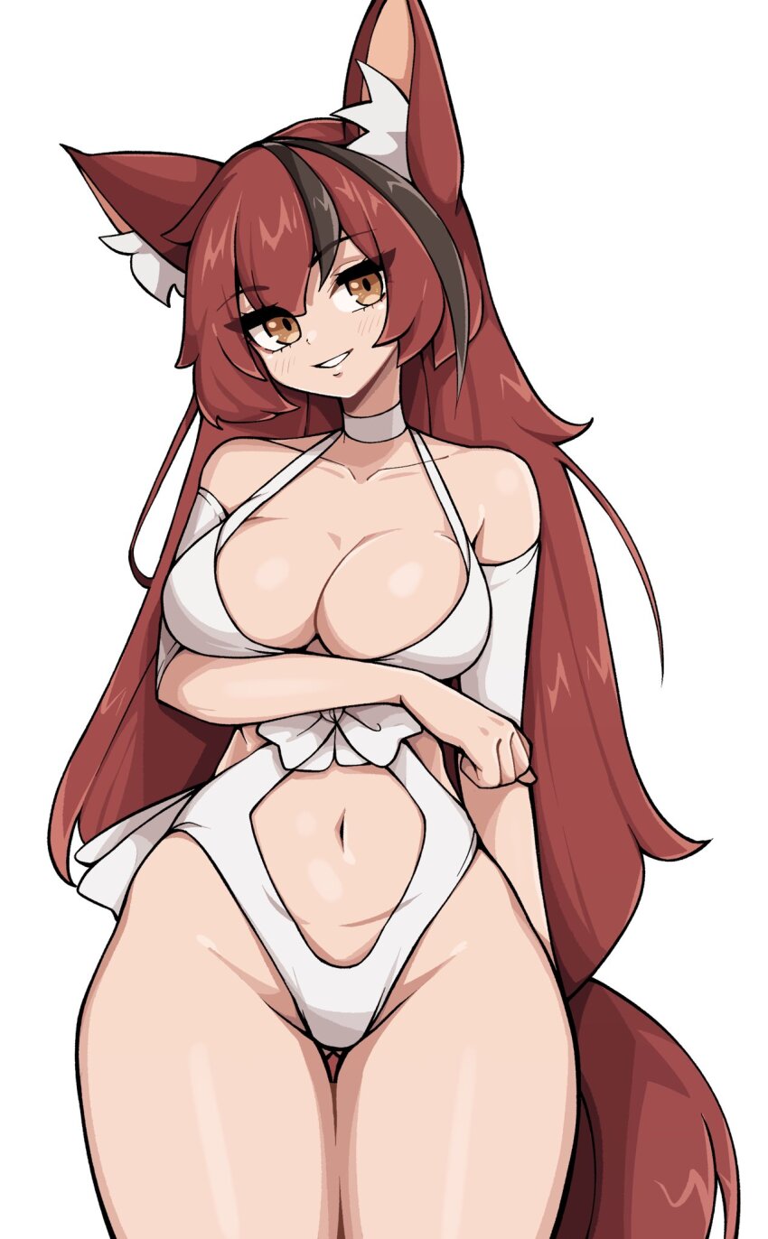 1girl animal_ear_fluff animal_ears arm_under_breasts black_streaks breasts brown_eyes choker collarbone commentary commission cowboy_shot curvy english_commentary fox_ears fox_girl fox_tail head_tilt highres ikeda_miyu_(shotarovt) large_breasts long_hair looking_at_viewer multicolored_hair navel one-piece_swimsuit oninuer original parted_lips red_hair simple_background smile solo streaked_hair swimsuit tail thighs white_background white_choker white_one-piece_swimsuit