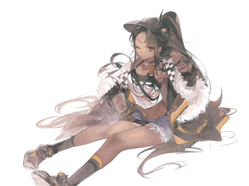 1girl absurdly_long_hair adjusting_hair alternate_costume ankle_socks april_fools belt belt_buckle black_belt black_choker black_coat black_gloves black_hat black_shoes breasts brown_eyes brown_hair bubble_tea buckle caramel_arrow_cookie checkered_print choker cleavage closed_mouth coat cookie_run cookie_run:_kingdom crop_top cup curtained_hair dark-skinned_female dark_skin denim denim_shorts disposable_cup drink foot_out_of_frame fringe_trim fur-trimmed_coat fur_trim gloves grey_socks hair_spread_out hand_up hat high_ponytail highres holding holding_drink humanization invisible_floor leaning_forward light_smile long_hair looking_at_viewer midriff multicolored_coat non-deformed on_floor one_eye_closed open_clothes open_coat orange_coat ponytail see-through_clothes see-through_headwear shirt shoes shorts shu_(pjxv7485) sideways_glance simple_background sitting small_breasts sneakers socks solo stomach thigh_belt thigh_strap three-quarter_sleeves two-tone_coat very_long_hair white_background white_shirt