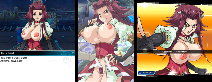 bottomless breasts breasts_out cleft_of_venus female_pubic_hair game_mod highres izayoi_aki large_areolae large_breasts looking_at_viewer mod nipples no_panties nude_mod pubic_hair pussy red_hair revealing_clothes rochestedorm topless_female yu-gi-oh! yu-gi-oh!_5d&#039;s yu-gi-oh!_duel_links