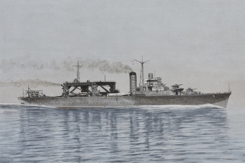 absurdres acrylic_paint_(medium) aircraft airplane atelier_bono cannon chitose_(seaplane_tender) floatplane highres imperial_japanese_navy mast military_vehicle no_humans ocean original painting_(medium) photo-referenced seaplane seaplane_tender ship ship_turret sky smoke smokestack traditional_media vehicle_focus warship watercraft