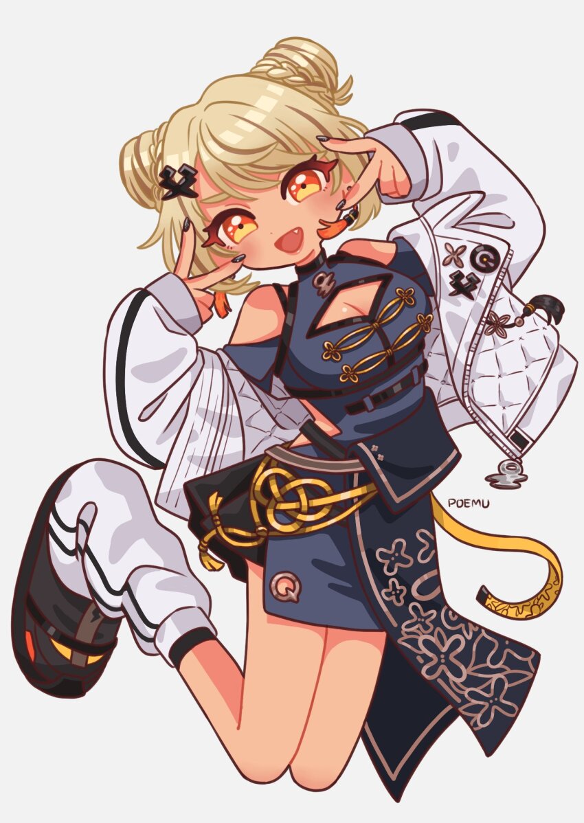 :d artist_name blonde_hair braid breasts china_dress chinese_clothes cleavage clothing_cutout deformed double_bun double_v dress fang full_body grey_background hair_bun hair_ornament highres jacket jumping kaminari_qpi kaminari_qpi_(4th_costume) loose_socks medium_breasts medium_hair off_shoulder open_clothes open_jacket open_mouth orange_eyes s_poco_po05 shoulder_cutout simple_background sleeves_past_wrists smile socks tassel tassel_hair_ornament v virtual_youtuber vspo!