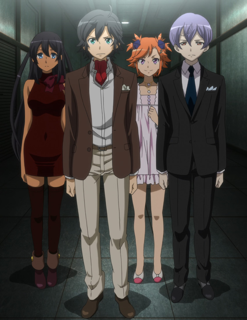 absurdres arashi_teppei captain_earth dress frown highres manatsu_daichi mutou_hana smile tuxedo yomatsuri_akari