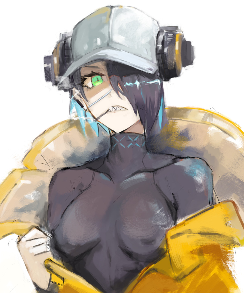 1girl arknights asbestos_(arknights) baseball_cap black_hair blue_hair breasts breasts_apart colored_inner_hair covered_erect_nipples eyepatch gnai green_eyes hair_over_one_eye hat headphones highres impasto jacket looking_at_viewer multicolored_hair pulling_own_clothes sharp_teeth short_hair simple_background small_breasts smoke smoking solo teeth undersuit white_background white_hat yellow_jacket