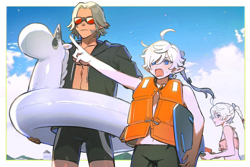 1girl 2boys ahoge alisaie_leveilleur alphinaud_leveilleur alternate_costume bare_shoulders bikini bikini_top_only black_jacket black_jammers black_male_swimwear blue_eyes blue_sky border braid braided_ponytail brother_and_sister carrying carrying_under_arm chinese_commentary cloud collarbone commentary_request covered_eyes cowboy_shot day earclip earrings elezen elf final_fantasy final_fantasy_xiv food fruit grey_hair hair_ribbon holding holding_food holding_fruit holding_watermelon inflatable_unicorn innertube jacket jammers jewelry life_vest long_hair looking_ahead looking_at_another male_focus male_swimwear multiple_boys nervous open_mouth outdoors outside_border outstretched_arm parted_bangs pointing pointing_forward pointy_ears ribbon short_hair siblings sideburns single_braid single_earring sky standing summer sunglasses sweatdrop swept_bangs swim_ring swimsuit twins urianger_augurelt watermelon watermelon_slice white_border white_hair wuliu_heihuo