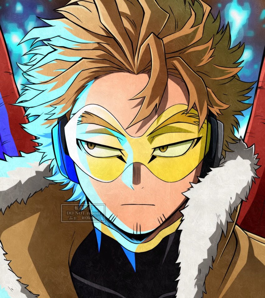 0ksiri0 1boy boku_no_hero_academia brown_hair brown_jacket closed_mouth expressionless fur-trimmed_jacket fur_trim hawks_(boku_no_hero_academia) headphones highres jacket looking_to_the_side male_focus portrait short_hair solo upper_body v-shaped_eyebrows watermark