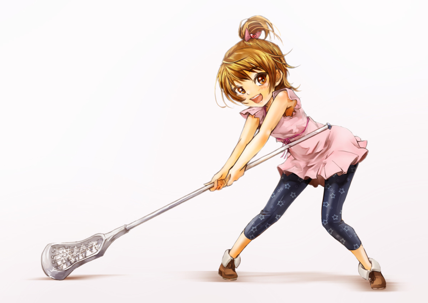 00s 1girl alternate_hairstyle brown_eyes brown_hair child female_focus full_body futari_wa_precure goru_(cure_golgom) high_ponytail lacrosse_stick misumi_nagisa pants ponytail precure shoes short_hair smile solo white_background