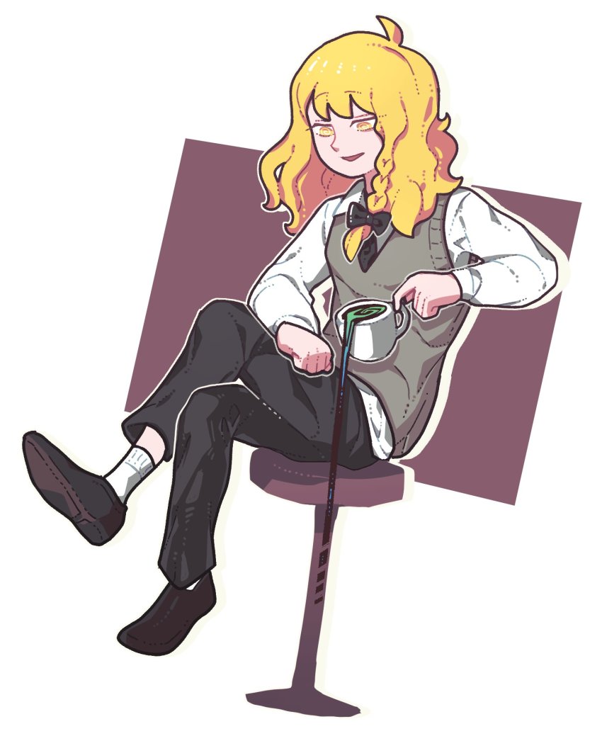 1girl black_bow black_necktie black_pants black_shoes blonde_hair bow braid commentary_request cookie_(touhou) crossed_legs cup disposable_cup full_body grey_sweater_vest highres hita_(hizokuseikogeki) kirisame_marisa long_hair long_sleeves looking_down mikami_makoto mug necktie open_mouth pants pouring shirt shoes side_braid single_braid smile socks solo stool sweater_vest touhou white_shirt white_socks yellow_eyes