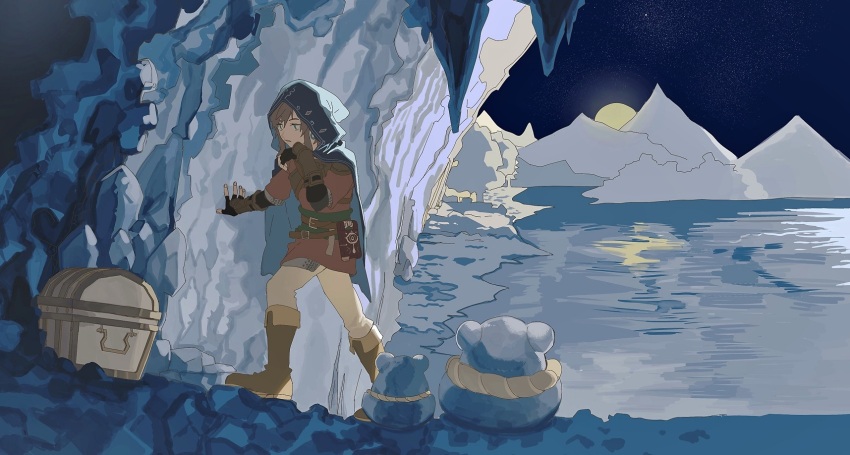 1boy bear belt black_gloves boots brown_belt brown_boots brown_hair brown_tunic fingerless_gloves full_body gloves gyou_chin hand_on_wall highres hood hood_up link long_sleeves moon nintendo outdoors pants parted_lips sheikah_slate short_hair the_legend_of_zelda the_legend_of_zelda:_breath_of_the_wild treasure_chest tunic white_pants winter