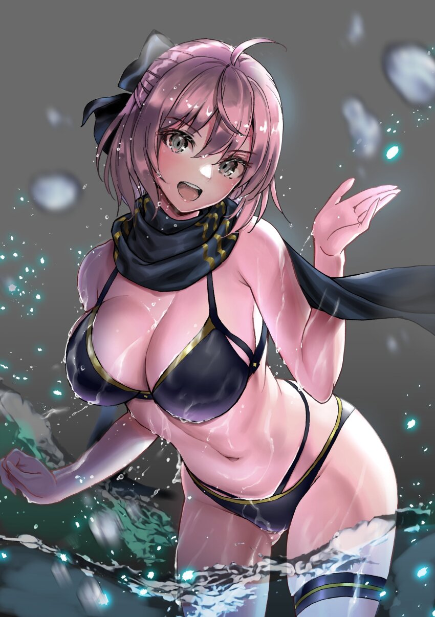 1girl absurdres ahoge bare_shoulders bikini black_bikini black_bow black_scarf blonde_hair blurry blurry_foreground blush bow breasts cleavage fate/grand_order fate_(series) hair_bow half_updo highleg highleg_bikini highres large_breasts layered_bikini looking_at_viewer navel okita_j._souji_(fate) okita_j._souji_(first_ascension)_(fate) okita_souji_(fate) open_mouth partially_submerged scarf short_hair smile solo stomach suishougensou swimsuit thigh_strap thighs water_drop wet wristband yellow_eyes