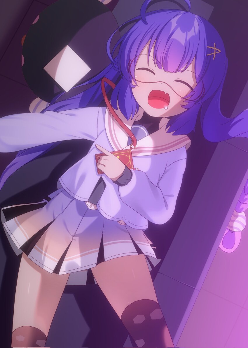 1girl ^_^ ahoge animal_hat armband black_hat black_thighhighs black_undershirt blue_hair blue_jacket blue_skirt blunt_bangs bow braid cellphone_strap chaakusu closed_eyes commentary_request couch cowboy_shot drooling dutch_angle eel_hat fang from_above goggles gradient_clothes gradient_hair gradient_skirt hair_between_eyes hair_bow hair_ornament hairclip hat hat_ribbon highres honeycomb_(pattern) honeycomb_print jacket large_hat long_hair long_sleeves low-braided_long_hair low-tied_long_hair lying messy_sleeper mortarboard multicolored_hair multicolored_skirt on_back on_couch open_mouth otomachi_una otomachi_una_(voicepeak) over-kneehighs pink_skirt pleated_skirt pointing print_thighhighs puffy_long_sleeves puffy_sleeves red-framed_eyewear ribbon safety_pin sailor_collar sailor_jacket shirt shoulder_strap skin_fang skirt sleeping smartphone_case smile solo striped_bow striped_ribbon thighhighs thighs turtleneck turtleneck_shirt twintails unworn_hat unworn_headwear vertical-striped_bow very_long_hair voicepeak white_armband white_bow white_ribbon white_sailor_collar