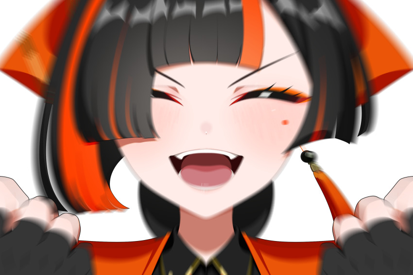 1girl black_hair blurry blush choya_hanabi close-up closed_eyes highres multicolored_hair omas_lie open_mouth orange_hair solo streaked_hair teeth two-tone_hair virtual_youtuber vspo! white_background