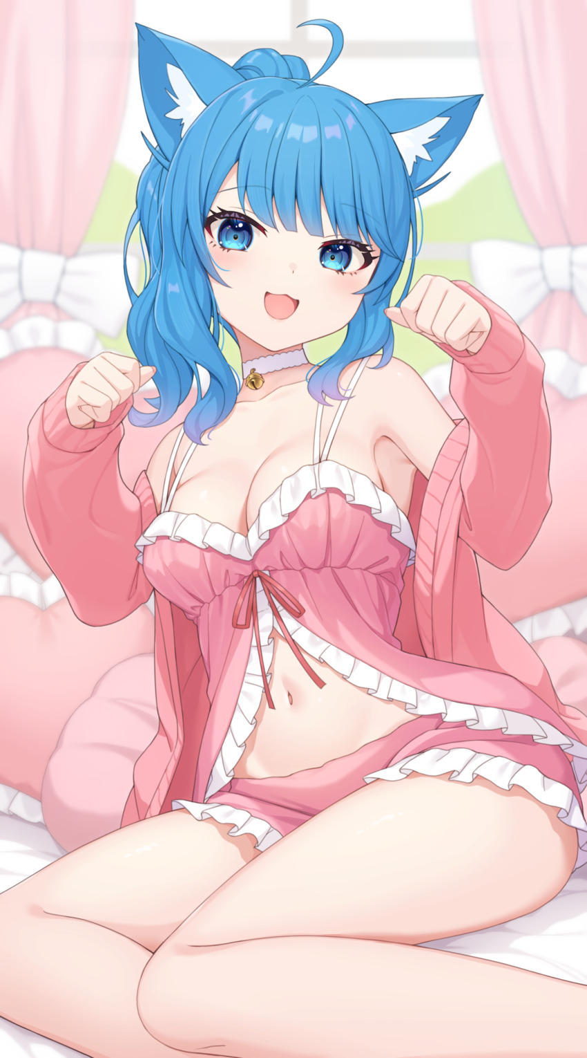 1girl ahoge animal_ears babydoll bare_shoulders blue_eyes blue_hair breasts cat_ears choker cleavage frilled_babydoll hands_up highres jacket long_hair long_sleeves looking_at_viewer medium_breasts nanashi_inc. navel nishino_eri off_shoulder open_clothes open_jacket open_mouth paw_pose pink_babydoll pink_jacket pink_shorts ponytail short_shorts shorts sitting smile solo souya_ichika spaghetti_strap stomach thighs virtual_youtuber white_choker
