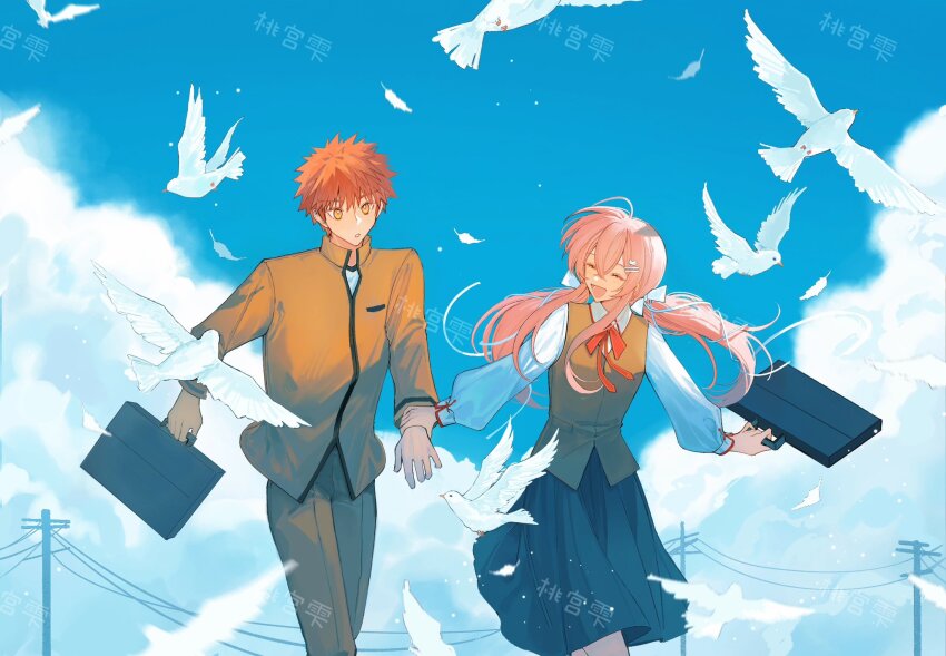 1girl bird black_keys_(type-moon) black_skirt blue_eyes blue_sky blush breasts brown_vest cloud couple cross cross_print day dove emiya_shirou fate/stay_night fate_(series) feathers hair_ornament hair_ribbon highres homurabara_academy_school_uniform igote long_hair magic_circuit momomiya_shizuku_(gaoyue_jixiang) multicolored_hair neck_ribbon oc_x_canon open_mouth orange_hair outdoors pink_eyes pink_hair print_ribbon raglan_sleeves red_hair red_ribbon ribbon school_uniform shirt skirt sky smile two_side_up vest watermark weibo_watermark white_bird white_feathers white_shirt