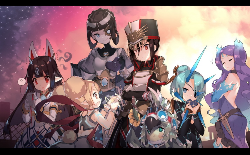 animal_ears armor azami_(xenoblade) black_hair blonde_hair blue_eyes blue_hair blush breasts brighid_(xenoblade) chocolate closed_eyes collarbone crop_top doll dress electra_(xenoblade) eyepatch feather_hair feathers finch_(xenoblade) fire fur_collar gem gloves goggles goggles_on_head hair_bun hat highres japanese_clothes kasandra_(xenoblade) long_hair mask military military_hat military_uniform monster_girl morag_ladair_(xenoblade) multiple_girls nintendo open_mouth pauldrons ponytail purple_hair red_eyes reverse_trap saru short_hair shoulder_armor simple_background single_hair_bun smile theory_(xenoblade) xenoblade_chronicles_(series) xenoblade_chronicles_2 yuri