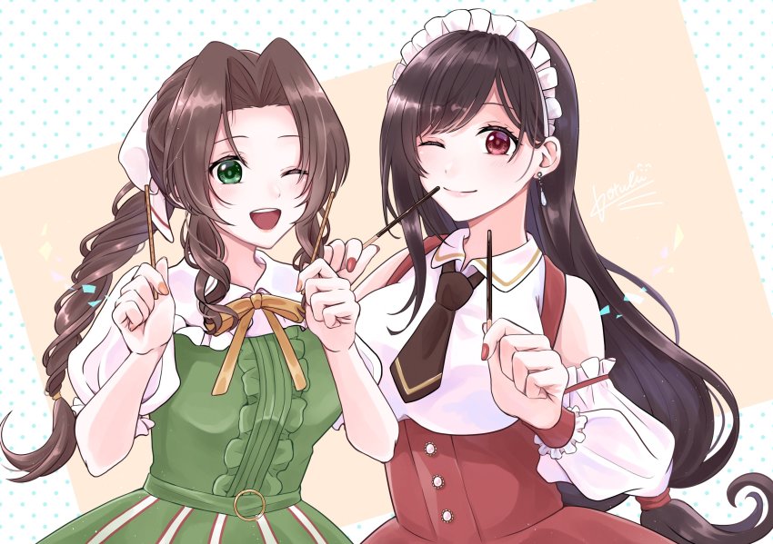 2girls :d aerith_gainsborough breasts brown_hair brown_nails brown_neckwear detached_sleeves dress earrings final_fantasy final_fantasy_vii final_fantasy_vii_remake fingernails floating_earring food green_dress green_eyes hair_ribbon highres holding holding_food holding_pocky jewelry kt9_ct large_breasts long_hair looking_at_viewer low-tied_long_hair maid_headdress medium_breasts multiple_girls nail_polish necktie one_eye_closed open_mouth parted_bangs pocky polka_dot polka_dot_background ponytail puffy_sleeves purple_eyes red_dress red_nails ribbon signature smile square_enix swept_bangs tifa_lockhart tri_drills upper_body