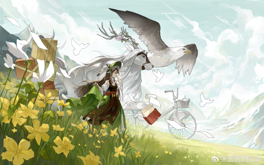 1girl apron ash_echoes basket bicycle bird blue_sky bonnet brown_apron brown_hair cart cloud day dress eagle field flower flying_paper grass green_dress green_skirt hat hat_flower highres holding horse hua_hua_de_qiluoluo long_hair long_skirt long_sleeves mountain mountainous_horizon outdoors paper purple_flower shirt skirt skirt_hold sky smile solo suitcase very_long_hair vulture watermark weibo_watermark white_flower white_shirt yellow_flower zodivin_azure