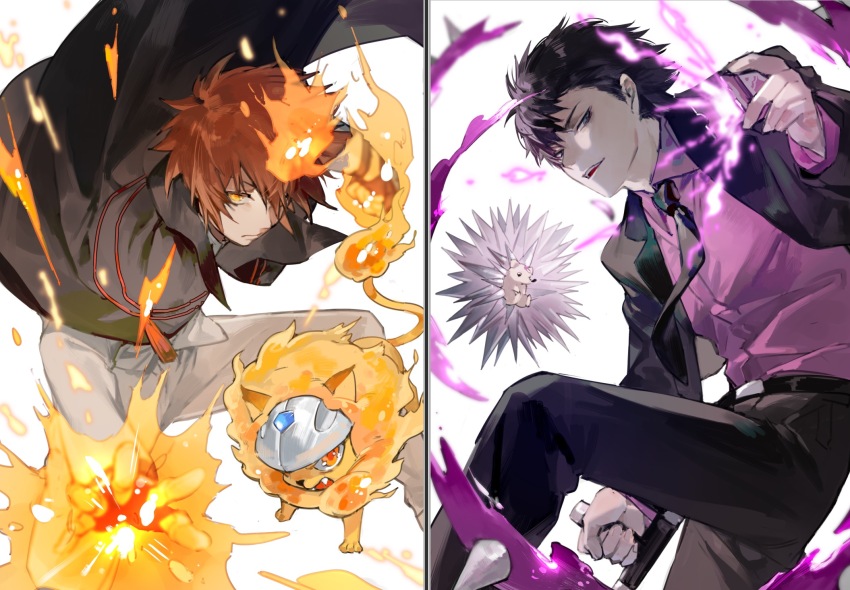 2boys belt black_hair black_jacket black_necktie black_pants bokyo brown_hair collared_shirt creature fire formal_clothes hibari_kyouya highres holding holding_weapon jacket katekyo_hitman_reborn! long_sleeves looking_at_viewer male_focus multiple_boys necktie open_mouth pants pink_shirt purple_eyes purple_shirt sawada_tsunayoshi shirt short_hair simple_background smile spiked_hair suit weapon white_background yellow_eyes