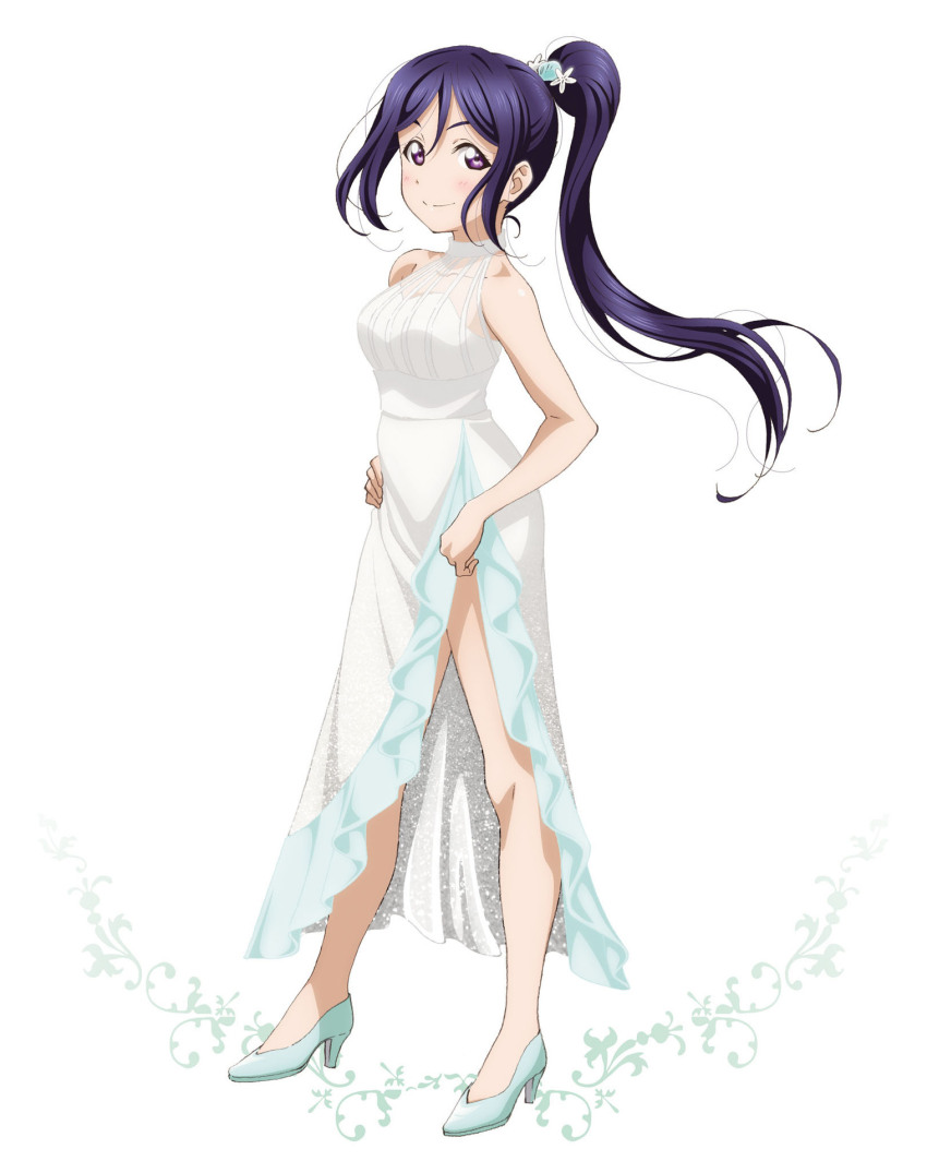 1girl artbook blush breasts collarbone dress floating_hair full_body hair_between_eyes hair_ornament high_heels high_ponytail highres long_hair looking_at_viewer love_live! love_live!_sunshine!! matsuura_kanan medium_breasts non-web_source official_art ponytail pumps purple_eyes purple_hair simple_background sleeveless sleeveless_dress smile solo standing white_background white_dress