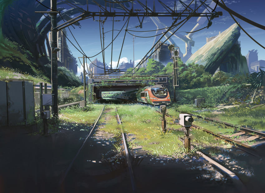 ashorz blue_sky building chinese_commentary commentary day grass highres moss multiple_unit_train no_humans original outdoors plant power_lines railroad_tracks scenery sky skyline train tunnel
