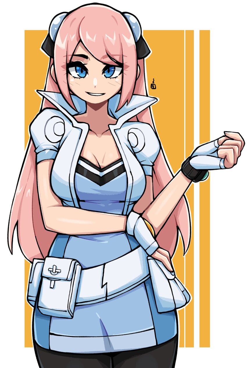 1girl blue_dress blue_eyes border breasts commentary cowboy_shot cropped_jacket dress english_commentary fingerless_gloves gloves hand_up highres jacket jeena_(spectrobes) long_hair looking_at_viewer medium_breasts oninuer open_clothes open_jacket outside_border parted_bangs parted_lips pink_hair short_sleeves smile solo spectrobes_(series) straight-on white_border white_gloves white_jacket yellow_background