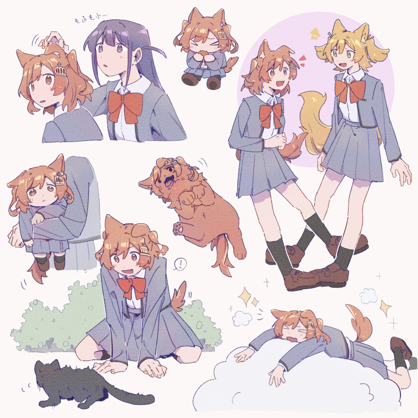 ! &gt;_&lt; 3girls :&lt; :3 :d aijou_karen animal animal_ear_fluff animal_ears animalization arm_up arms_at_sides arms_up black_cat black_socks blonde_hair blunt_bangs blush bow bowtie breast_pocket brown_background brown_eyes brown_hair brown_shoes bush carrying carrying_person carrying_under_arm cat chibi chinese_commentary circle closed_eyes closed_mouth collared_shirt commentary_request cropped_torso crown_hair_ornament daiba_nana dog dog_ears dog_girl dog_tail eating fang food foot_up full_body green_eyes green_ribbon grey_jacket grey_skirt hair_ornament hair_ribbon hairclip hand_on_another&#039;s_ear hand_up head_out_of_frame highres holding holding_food jacket kemonomimi_mode kneeling loafers long_hair long_sleeves looking_at_another looking_at_viewer looking_to_the_side lying miniskirt motion_lines multiple_girls multiple_views notice_lines on_back on_stomach open_clothes open_jacket open_mouth paw_pose pleated_skirt pocket purple_eyes purple_hair red_bow red_bowtie rei931218 ribbon school_uniform seishou_music_academy_uniform shirt shirt_tucked_in shoes short_hair short_twintails shoujo_kageki_revue_starlight sidelocks skin_fang skirt smile socks sparkle speech_bubble spoken_exclamation_mark tail tail_raised tongue tongue_out translated tsuyuzaki_mahiru twintails two_side_up upper_body v-shaped_eyebrows white_shirt