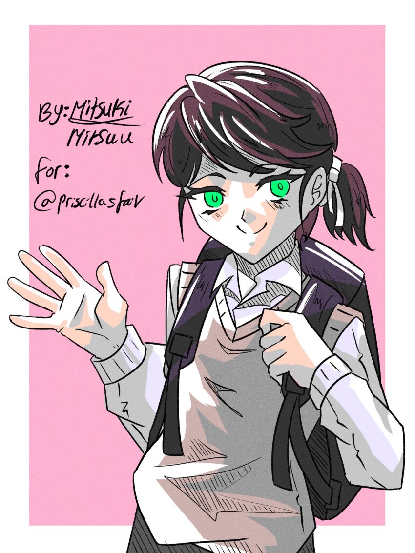 bag chiken_sana green_eyes highres holding holding_bag it_takes_more_than_a_pretty_face_to_fall_in_love mitsuki_mitsuu school_uniform short_hair sketch smile waving