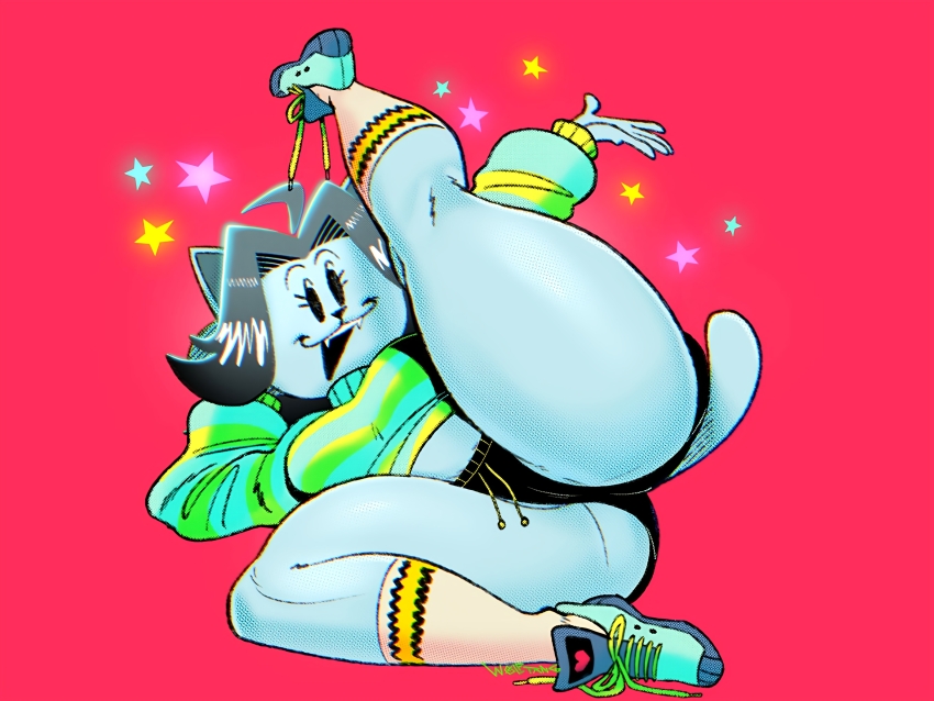 1girl 2021 absurdres artist_name ass ass_focus black_hair breasts clothes cropped_sweater fangs female_focus flexible furry furry_female hair_ornament highres hotpants leg_up looking_at_viewer medium_breasts midriff naked_footwear open_mouth red_background shoes shorts simple_background simple_eyes socks solo sweater tail teeth temmie thick_thighs thighs undertale white_fur wolftangart