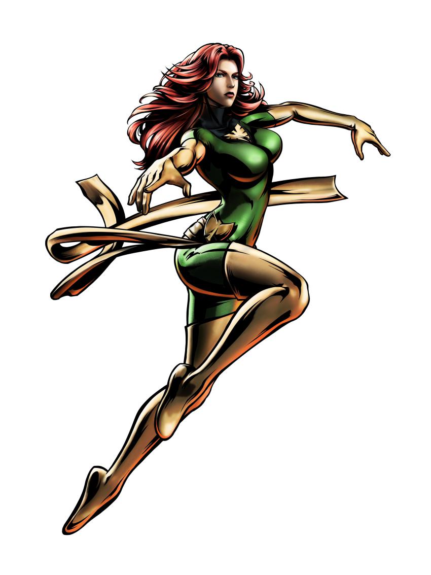 10s 1girl absurdres bodysuit capcom green_eyes highres jean_grey marvel marvel_vs._capcom marvel_vs._capcom_3 mori_toshiaki official_art phoenix_(x-men) red_hair sash skin_tight x-men