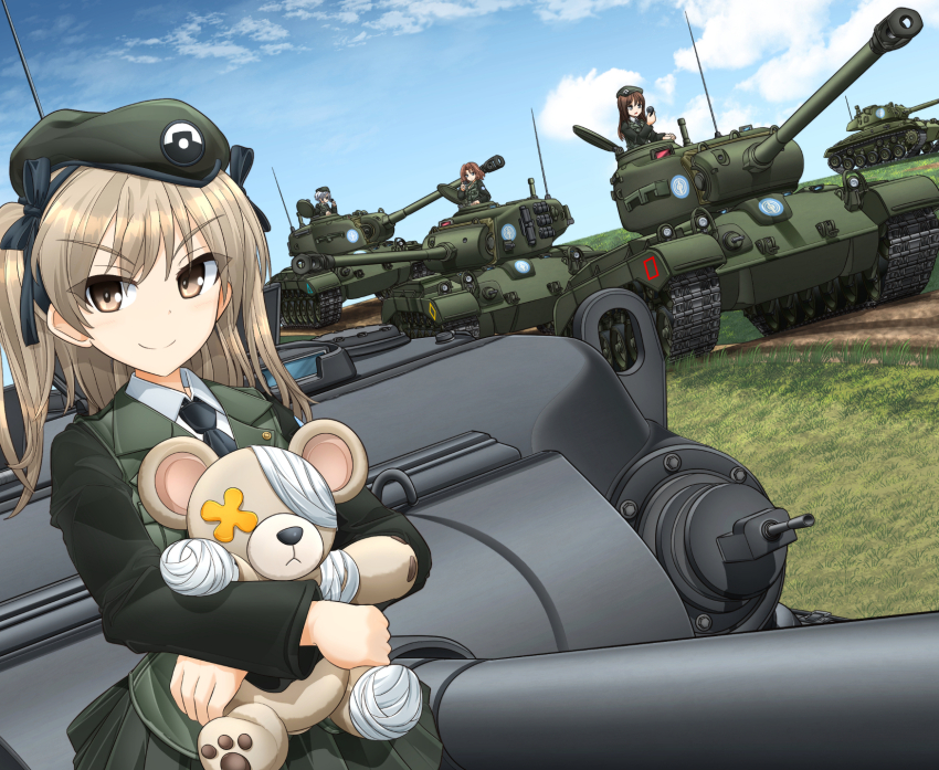 4girls azumi_(girls_und_panzer) bandages beret black_necktie black_ribbon blue_sky boko_(girls_und_panzer) brown_eyes brown_hair caterpillar_tracks centurion_(tank) closed_mouth cloud collared_shirt commentary_request day dirt_road emblem girls_und_panzer grass green_headwear green_jacket green_skirt grey_hair hair_ribbon hat highres holding holding_stuffed_toy jacket japanese_tankery_league_(emblem) light_brown_hair long_hair long_sleeves looking_at_viewer m26_pershing megumi_(girls_und_panzer) mikeran_(mikelan) military_dress_uniform military_jacket military_uniform military_vehicle motor_vehicle multiple_girls necktie one_side_up outdoors pleated_skirt radio_antenna ribbon road roundel rumi_(girls_und_panzer) selection_university_(emblem) selection_university_military_uniform shimada_arisu shirt short_hair skirt sky smile solo_focus split_mouth stuffed_animal stuffed_toy tank teddy_bear v-shaped_eyebrows white_shirt