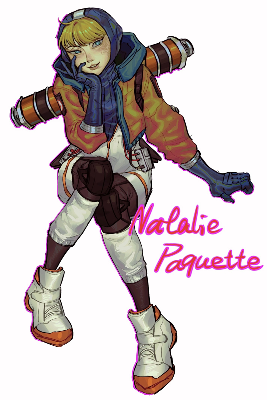 1girl apex_legends blonde_hair blue_bodysuit blue_eyes blue_gloves bodysuit character_name chinese_commentary facial_scar gloves hand_on_own_cheek hand_on_own_face highres hood hood_up looking_at_viewer min_tian_zai_hua parted_lips ribbed_bodysuit scar scar_on_cheek scar_on_face shoes simple_background sitting smile sneakers solo wattson_(apex_legends) white_background white_bodysuit white_shoes