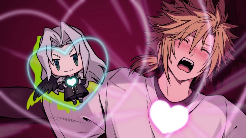 2boys aged_down armor black_coat black_footwear black_pants black_shirt black_wings blonde_hair blush boots bucchigiri?! chibi closed_eyes cloud_strife coat drop_shadow feathered_wings final_fantasy final_fantasy_vii final_fantasy_vii_remake frogccc333 furrowed_brow glowing glowing_heart green_eyes grey_hair hands_up heart heart_hands highres in-franchise_crossover knee_boots layered_shirt layered_sleeves long_bangs long_hair long_sleeves looking_at_viewer love_je_t&#039;aime low_ponytail medium_hair multiple_boys nose_blush open_mouth pants parody parted_bangs pauldrons ponytail sephiroth shirt shoulder_armor single_wing smile spiked_hair t-shirt teeth upper_body upper_teeth_only white_shirt wings world_of_final_fantasy yaoi