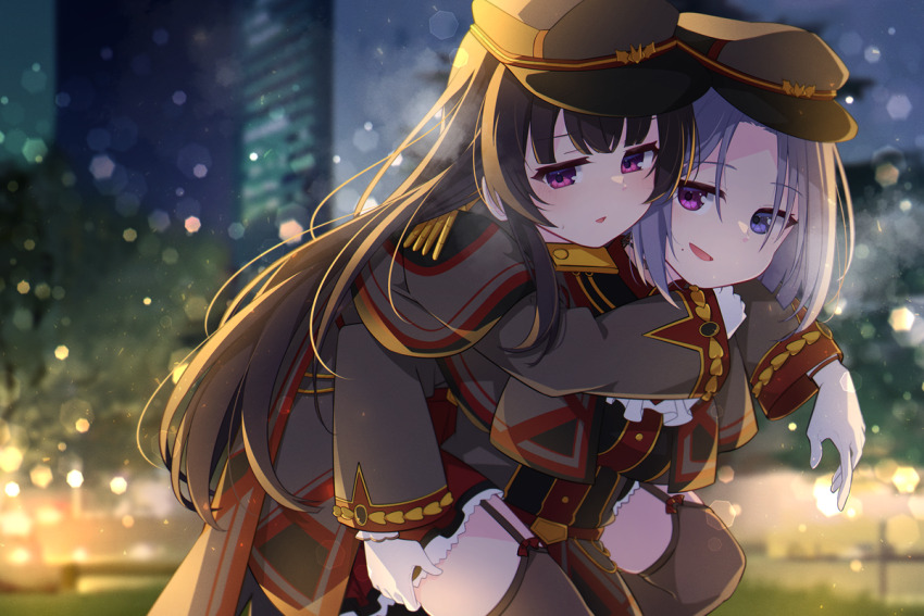 2girls ascot assault_lily averting_eyes backlighting belt belt_buckle black_hair blue_eyes blunt_ends blurry blurry_background bokeh bow breasts brown_thighhighs buckle building cape carrying carrying_person city commentary_request commission cowboy_shot depth_of_field epaulettes garter_straps gloves grey_cape grey_hair grey_hat grey_jacket hand_on_another&#039;s_shoulder hands_up hat head_on_another&#039;s_shoulder heads_together jacket kagawa_makina leaning_forward long_hair long_sleeves looking_at_another looking_to_the_side medium_breasts mole mole_under_eye morimoto_yuni morugen multiple_girls night official_alternate_costume outdoors parted_bangs parted_lips peaked_cap piggyback pink_eyes red_belt red_bow red_skirt short_hair sidelocks sideways_glance skeb_commission skirt skyscraper smile standing sweatdrop thigh_bow thighhighs tree very_long_hair white_ascot white_gloves wide_sleeves