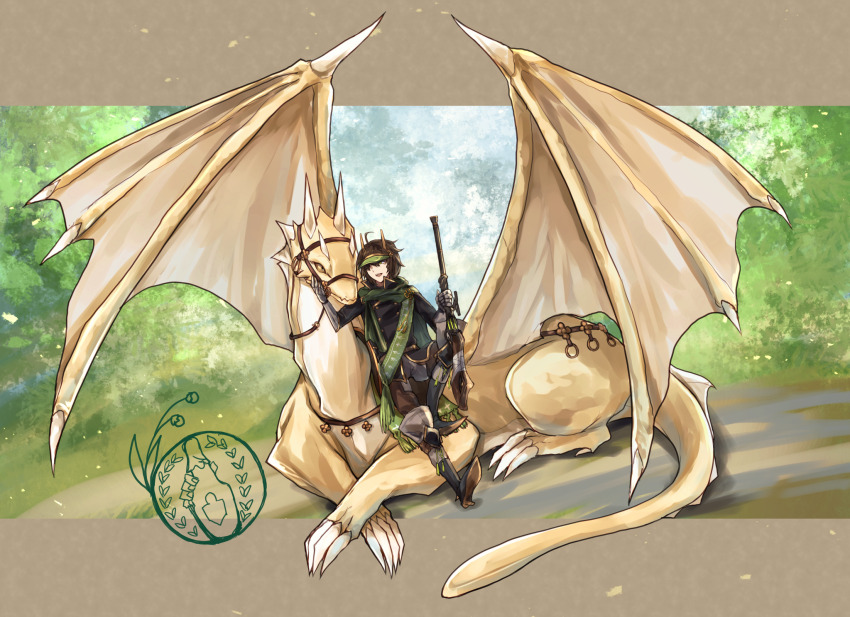 black_boots boots brown_hair cape day dragon gauntlets green_cape gun hand_on_another&#039;s_cheek hand_on_another&#039;s_face highres holding holding_gun holding_weapon horns leaning_on_animal long_sleeves outdoors pixiv_fantasia pixiv_fantasia_last_saga reins smile weapon yellow_eyes yellow_horns yukimitsuyui