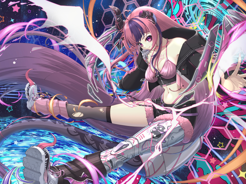 1girl asymmetrical_legwear black_horns black_jacket black_leg_warmers black_shorts bra breasts chiga_akira grey_leg_warmers highres horns ironmouse jacket leg_warmers long_hair mechanical_legs medium_breasts mismatched_legwear multicolored_hair navel pink_bra pink_eyes pink_hair purple_hair shoes shorts single_mechanical_leg solo star_(symbol) two-tone_hair underwear virtual_youtuber vshojo white_shoes