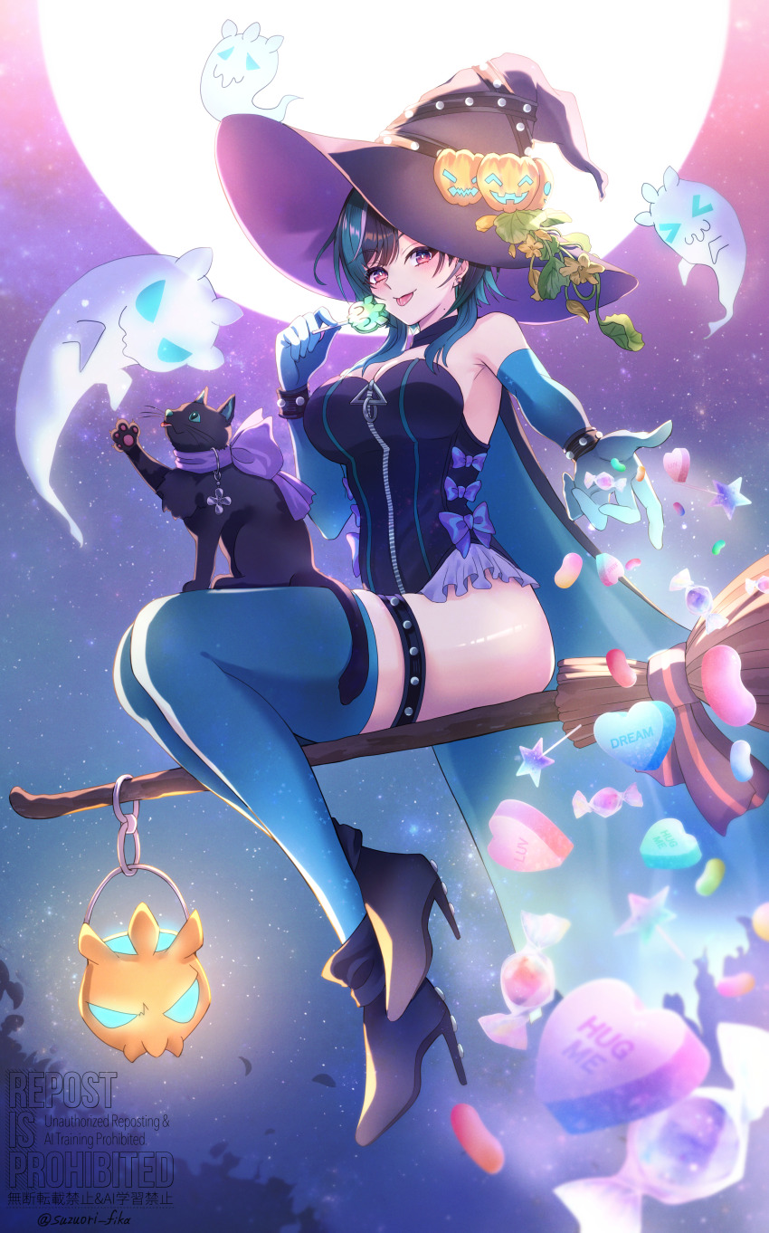 1girl :p absurdres alternate_costume aqua_gloves aqua_hair aqua_thighhighs black_boots black_cape black_hair black_hat black_leotard boots broom broom_riding candy cape cat colored_inner_hair commentary_request food frilled_leotard frills full_moon ghost gloves hand_up hat high_heel_boots high_heels highres holding holding_food holding_popsicle hololive hololive_dev_is leotard looking_at_viewer medium_hair moon multicolored_hair night outdoors popsicle purple_hair reaching reaching_towards_viewer red_eyes rindo_chihaya sitting solo strapless strapless_leotard streaked_hair suzuori_fika swept_bangs thighhighs tongue tongue_out virtual_youtuber white_hair witch witch_hat