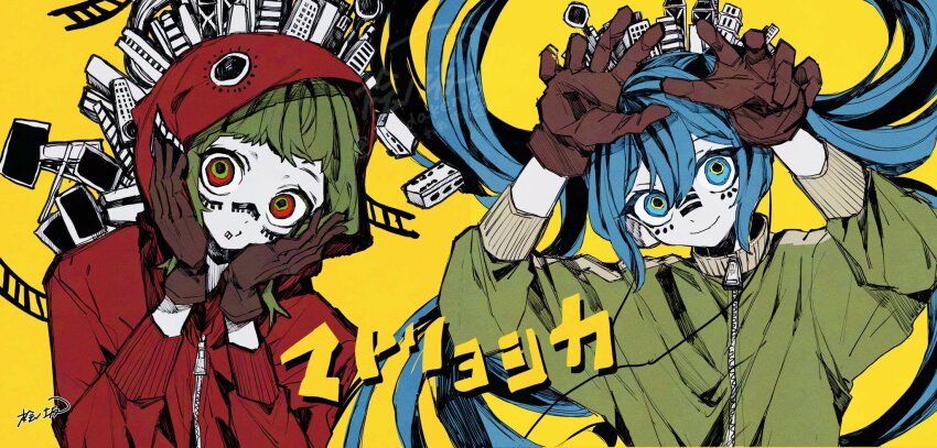 2girls blue_eyes blue_hair brown_gloves closed_mouth commentary_request facial_mark gloves green_hair green_jacket gumi hair_between_eyes hands_on_own_cheeks hands_on_own_face hatsune_miku highres hinoki_(yesfish1117) hood hood_up hooded_jacket jacket long_hair long_sleeves looking_at_viewer matryoshka_(vocaloid) multiple_girls pale_skin red_jacket signature simple_background smile song_name twintails upper_body very_long_hair vocaloid yellow_background zipper zipper_pull_tab