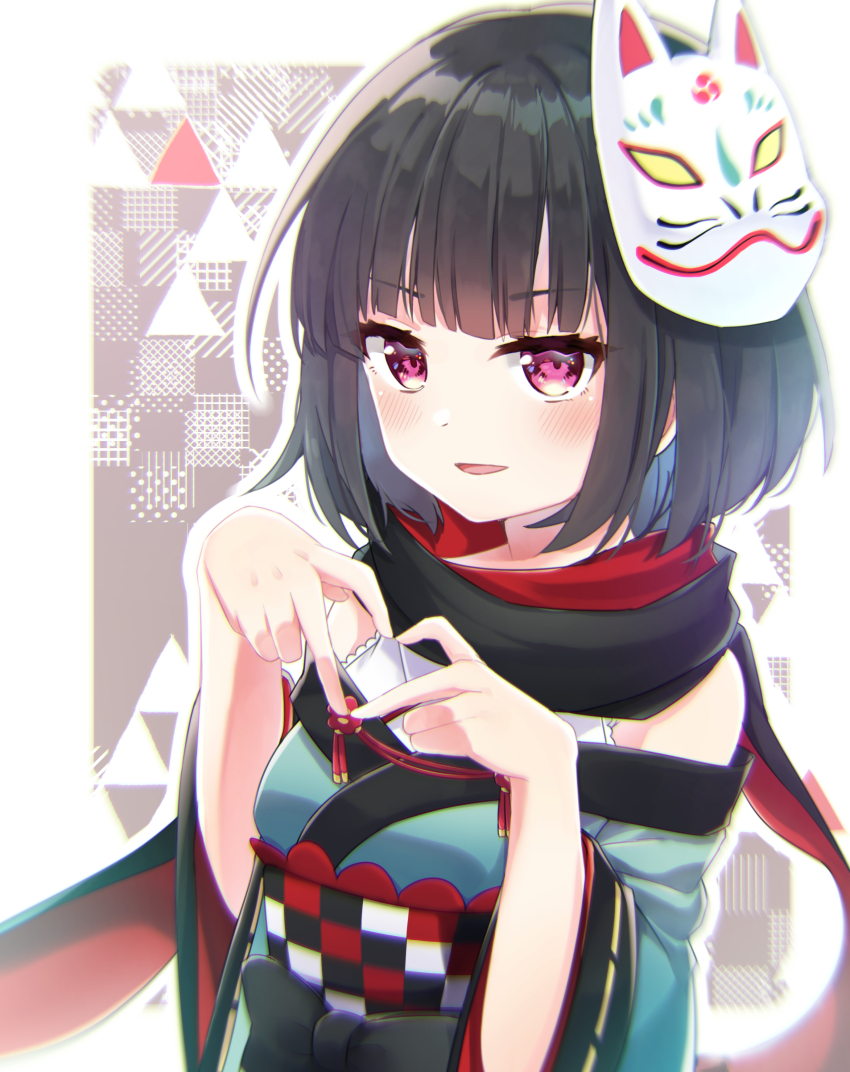 1girl absurdres aihara_tsubaki black_hair black_scarf blush chromatic_aberration eyelashes fox_mask heart heart_hands highres japanese_clothes kimono looking_at_viewer mask mask_on_head obi ongeki open_mouth sash scarf short_hair solo tarte0x0 wide_sleeves