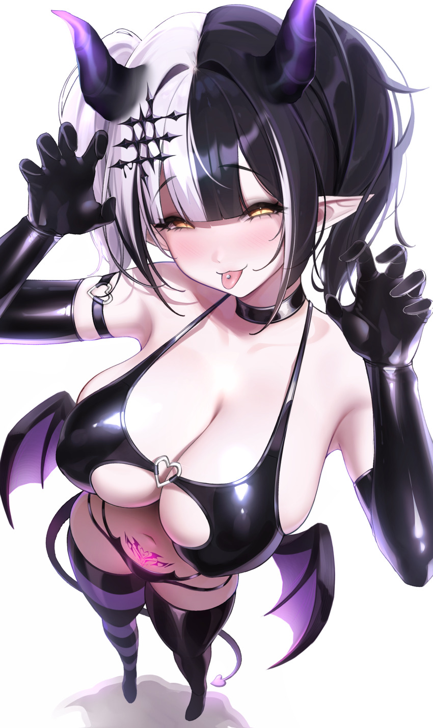 1girl :p absurdres bikini black_bikini black_choker black_gloves black_hair black_thighhighs blunt_bangs breasts center-flap_bangs choker claw_pose cleavage commentary demon_girl demon_horns demon_tail demon_wings elbow_gloves gloves glowing glowing_tattoo grey_hair hair_ornament hands_up heart heart_o-ring highres hololive hololive_english horns large_breasts long_hair looking_at_viewer low_wings mismatched_thighhighs multi-strapped_bikini_bottom multicolored_hair navel o-ring o-ring_arm_strap o-ring_bikini o-ring_top piercing pointy_ears prab pubic_tattoo purple_thighhighs shiori_novella simple_background solo split-color_hair stomach striped_clothes striped_thighhighs swimsuit tail tattoo thighhighs tongue tongue_out tongue_piercing twintails virtual_youtuber white_background wings yellow_eyes
