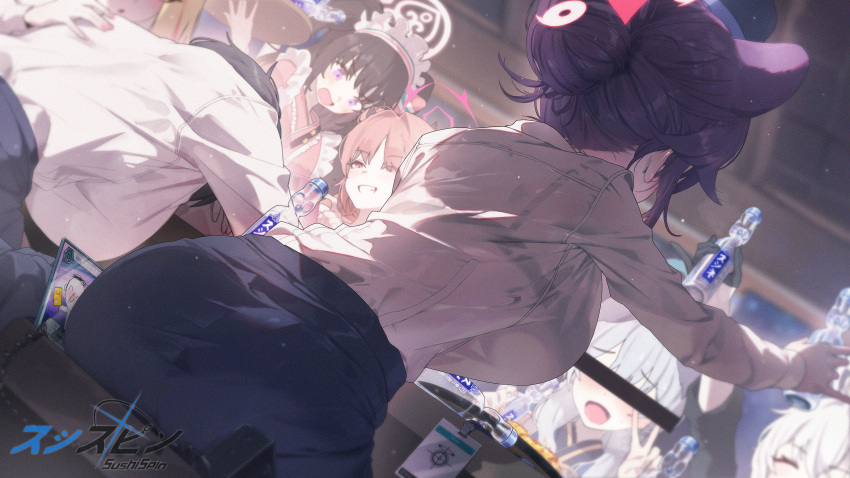 6+girls absurdres animal_ears ass black_hair black_skirt blue_archive blush bottle bra_visible_through_clothes breasts brown_hair censored censored_identity copyright_name dog_ears dog_girl doodle_sensei_(blue_archive) erika_(blue_archive) extra_ears from_behind glass_bottle hair_bun highres holding holding_bottle kaede_(blue_archive) kaede_(guide)_(blue_archive) kirara_(blue_archive) large_breasts long_sleeves multiple_girls nose_blush open_mouth oppai_loli pink_hair raccoon_ears raccoon_girl ramune sensei_(blue_archive) shirt shizuko_(blue_archive) single_hair_bun sitting skirt sushispin tsubaki_(blue_archive) tsubaki_(guide)_(blue_archive) umika_(blue_archive) white_shirt