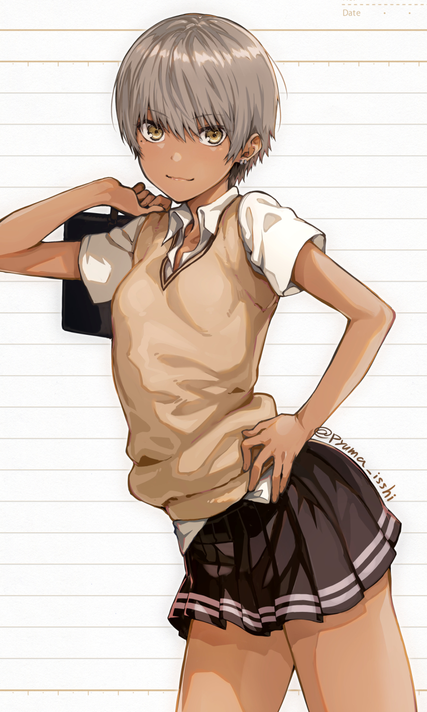 1girl :3 artist_name bag black_skirt breasts brown_sweater_vest closed_mouth commentary cowboy_shot dark-skinned_female dark_skin dress_shirt earrings grey_hair hair_over_eyes hair_strand hand_on_own_hip highres isshi_pyuma jewelry light_smile lined_paper looking_at_viewer miniskirt mole mole_under_eye no_neckwear original over_shoulder partially_unbuttoned school_bag school_uniform shirt shirttail short_hair short_sleeves signature skirt small_breasts smile solo sweater_vest thighs tomboy twitter_username very_short_hair white_shirt