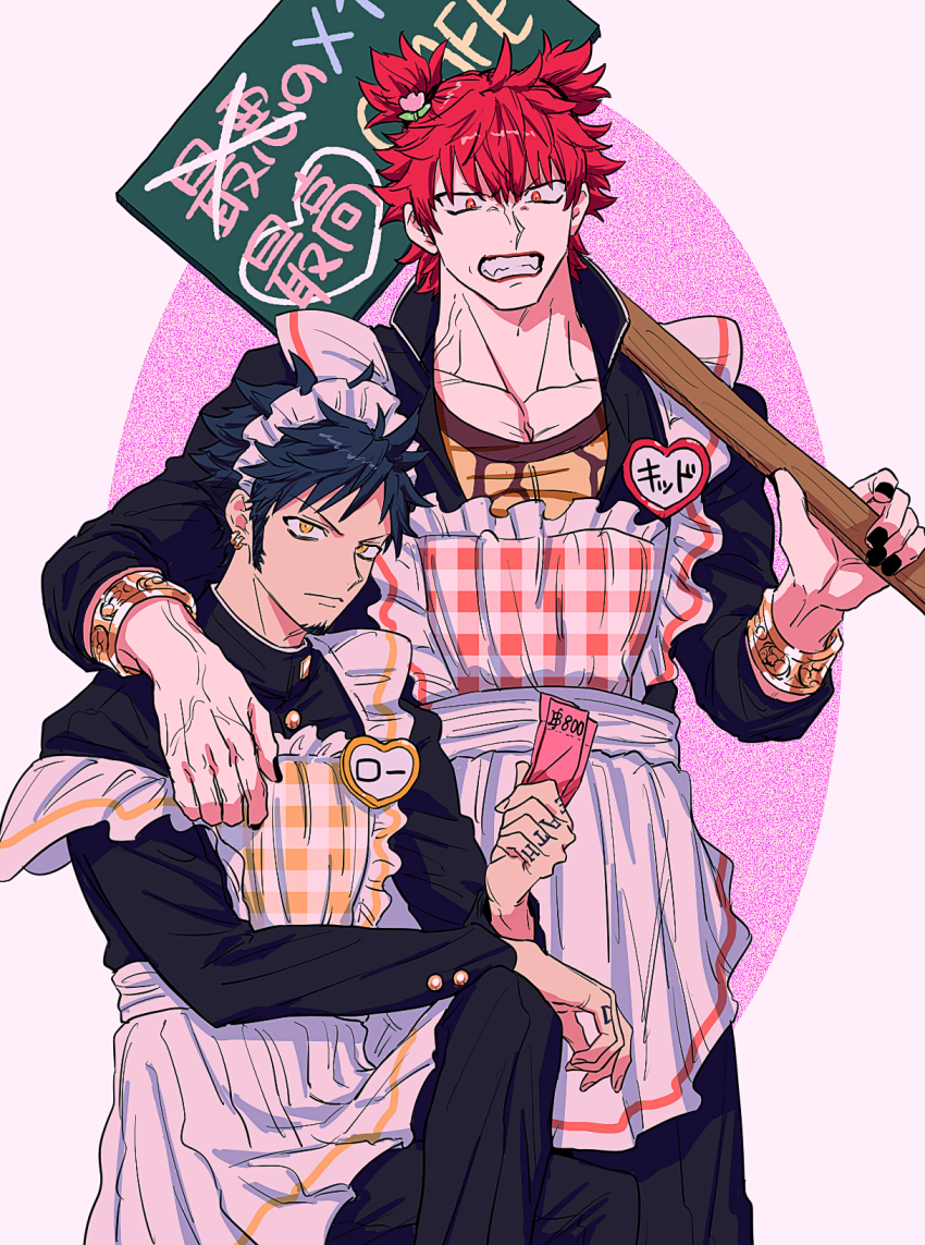 2boys alternate_costume alternate_hairstyle apron arm_on_another&#039;s_shoulder black_dress black_hair black_jacket black_nails black_pants bracelet clenched_teeth closed_mouth collarbone collared_shirt commentary_request crossdressing crossed_legs dress earrings enmaided eustass_kid facial_hair fangs finger_tattoo fingernails flower_hairpin frilled_apron frills gingham gingham_apron goatee gold_bracelet gold_earrings hair_tie highres holding holding_sign holding_ticket jacket jewelry long_sleeves looking_at_viewer maid maid_headdress male_focus multiple_boys nail_polish name_tag one_piece pants pectoral_cleavage pectorals placard red_eyes red_hair red_lips shirt short_hair sideburns sign sitting standing tattoo teeth ticket trafalgar_law two_side_up v-shaped_eyebrows veins white_apron white_background yakumo_(ykm) yellow_eyes yellow_shirt