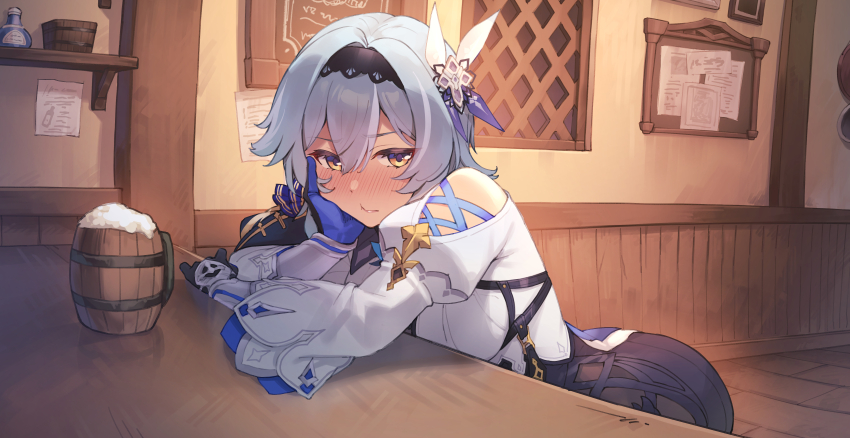 1girl absurdres arm_rest beer_mug black_gloves black_hairband blue_hair blush commentary_request cup eula_(genshin_impact) foam genshin_impact gloves hair_between_eyes hair_ornament hairband hand_on_own_cheek hand_on_own_face highres indoors juliet_sleeves kimi_tsuru long_sleeves looking_at_viewer mug nose_blush puffy_sleeves shirt short_hair solo tankard tavern textless_version white_shirt yellow_eyes