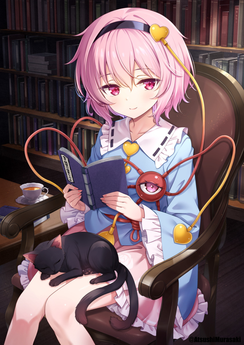 1girl animal animal_on_lap black_cat black_hairband blue_shirt blush book bookshelf buttons cat chair closed_mouth commentary_request cup eyeball frilled_shirt_collar frilled_sleeves frills hair_ornament hairband heart heart_button heart_hair_ornament highres holding holding_book kaenbyou_rin kaenbyou_rin_(cat) komeiji_satori long_sleeves looking_at_viewer medium_hair multiple_tails murasaki_atsushi on_chair on_lap open_book pink_eyes pink_hair pink_skirt plate ribbon-trimmed_collar ribbon_trim shirt sitting skirt smile solo tail tea teacup third_eye touhou two_tails wide_sleeves