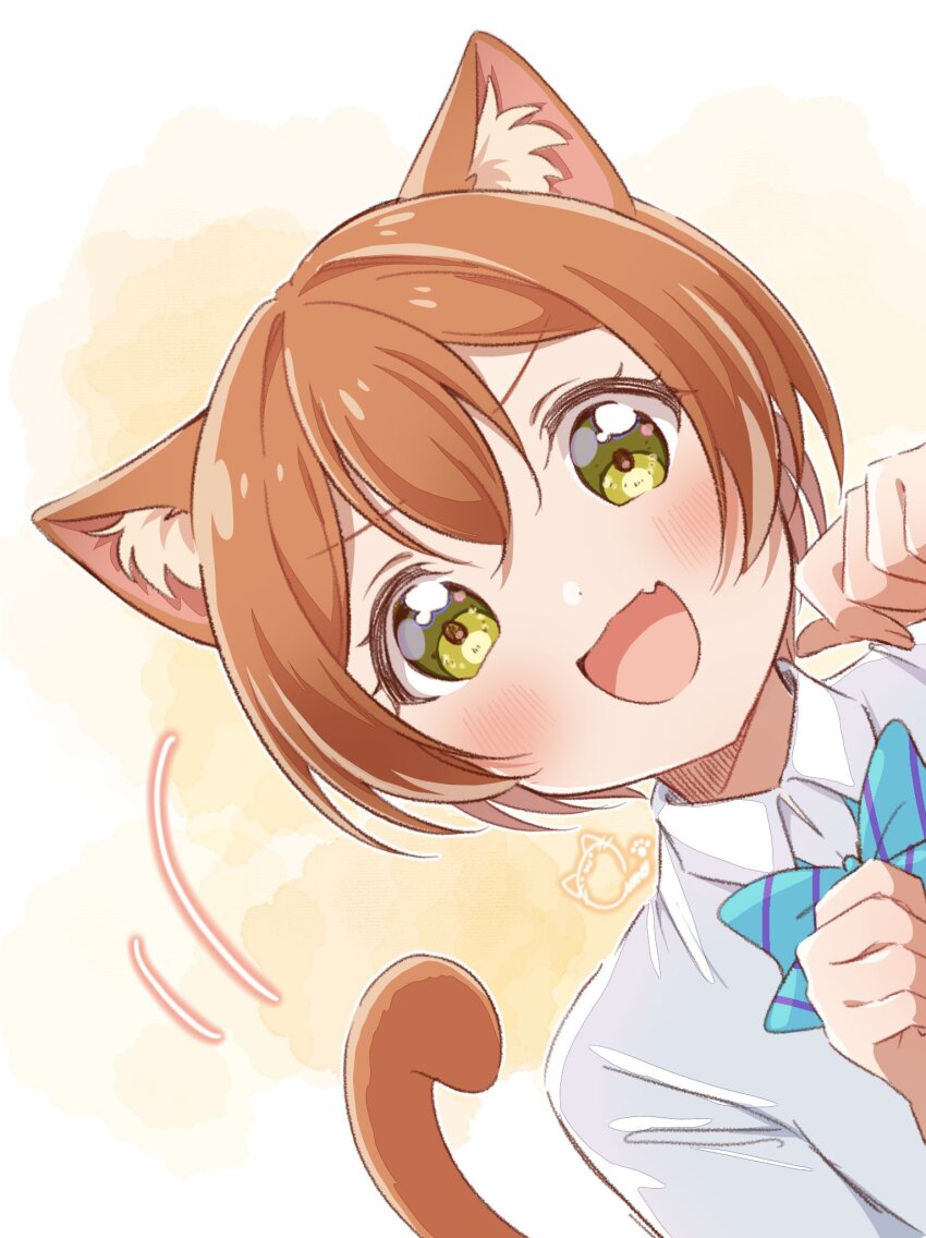 1girl :d animal_ear_fluff animal_ears blue_bow blue_bowtie blush bow bowtie cat_day cat_ears cat_girl cat_tail collared_shirt commentary_request diagonal-striped_bow diagonal-striped_bowtie diagonal-striped_clothes double-parted_bangs dress_shirt fang green_eyes hair_between_eyes highres hoshizora_rin kemonomimi_mode looking_at_viewer love_live! love_live!_school_idol_project open_mouth orange_hair osono_(osonokichi) otonokizaka_school_uniform paw_pose school_uniform shirt short_hair signature skin_fang smile solo striped_clothes tail v-shaped_eyebrows white_shirt yellow_background