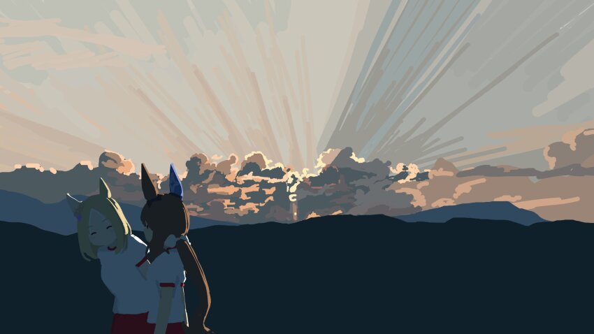 2girls ^_^ admire_vega_(umamusume) animal_ears backlighting blonde_hair brown_hair closed_eyes cloud ear_covers facing_another grey_sky gym_shirt highres horse_ears kashinoki_(koaaski) leaning_forward long_hair looking_at_another low_ponytail medium_hair morning mountainous_horizon multiple_girls narita_top_road_(umamusume) no_mouth outdoors ponytail scenery shirt short_sleeves single_ear_cover sky sky_focus sunrise tracen_training_uniform umamusume white_shirt |_|