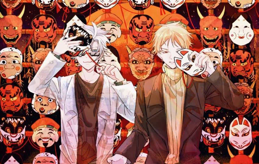 2boys :3 atou_haruki black_jacket black_shirt blonde_hair blue_eyes chinese_commentary closed_mouth commentary_request fox_mask glasses hannya highres holding holding_mask hyottoko_mask jacket kanou_aogu lemijiang long_sleeves male_focus mask multiple_boys noh_mask oni_mask open_clothes open_jacket rectangular_eyewear red_eyes red_theme ribbed_sweater saibou_shinkyoku semi-rimless_eyewear shirt short_hair smile sweater upper_body white_hair white_jacket yellow_sweater