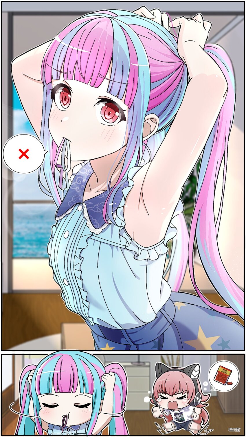 &gt;_&lt; 2girls animal_ear_headphones animal_ears bang_dream! beef_jerky blue_hair blue_shorts cat_ear_headphones center_frills closed_eyes commentary english_commentary fake_animal_ears flailing frills hair_tie_in_mouth headphones highres izami_md long_hair mouth_hold multicolored_hair multiple_girls nyubara_reona open_mouth pink_hair red_eyes shirt shorts sleeveless sleeveless_shirt spoken_x tamade_chiyu twintails two-tone_hair tying_hair white_shirt