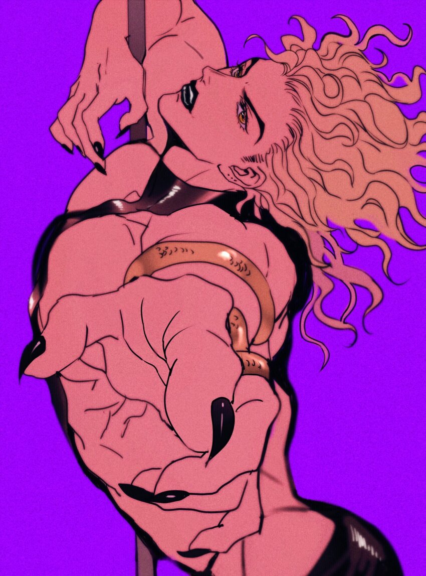 1boy abs ass black_lips bracelet commentary dio_brando earrings fingernails highres jewelry jojo_no_kimyou_na_bouken lipstick long_hair looking_at_viewer makeup male_focus muscular muscular_male parted_lips pectorals pointing pole pole_dancing purple_background sharp_fingernails shenshan_laolin simple_background solo stardust_crusaders stripper_pole symbol-only_commentary yellow_eyes